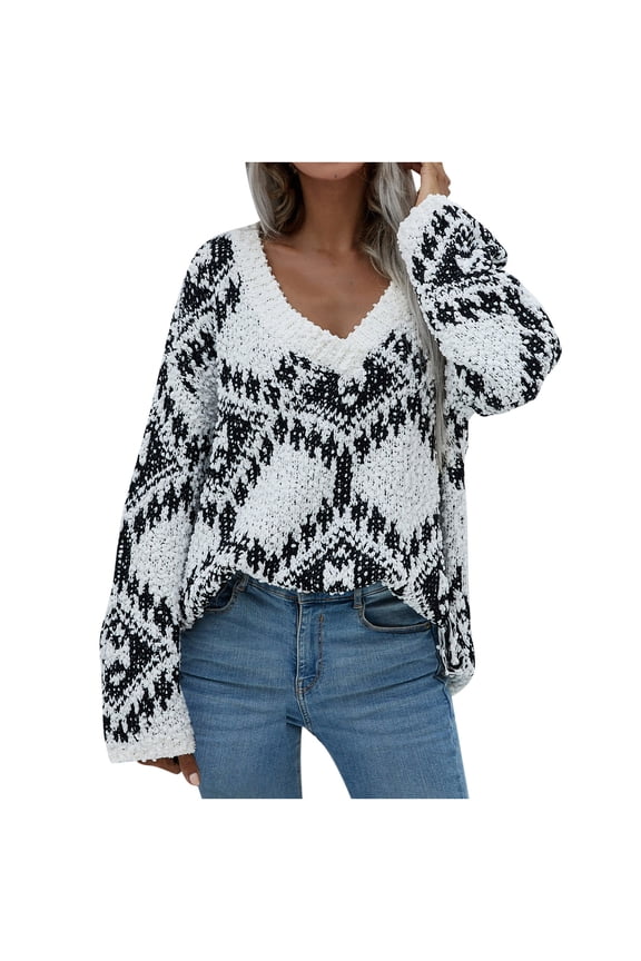 Women's Long Sleeves V-Neck Stripe Loose Color Matching Tops Blouse Knitted Sweater,White,4 Winter Fashion 2022