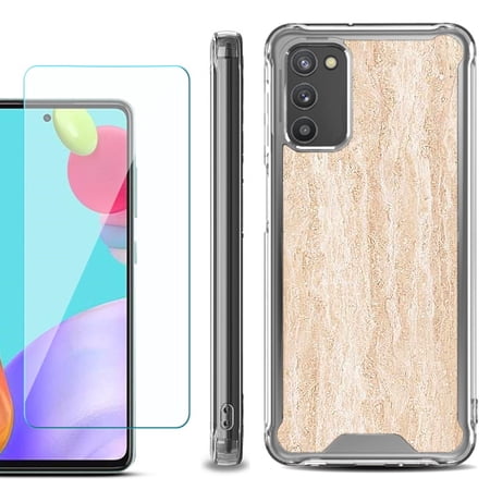 Shockproof Bumper Phone Case for Samsung Galaxy A02s with Tempered Glass Screen Protector by OneToughShield ® - Marble/Coffee Tone