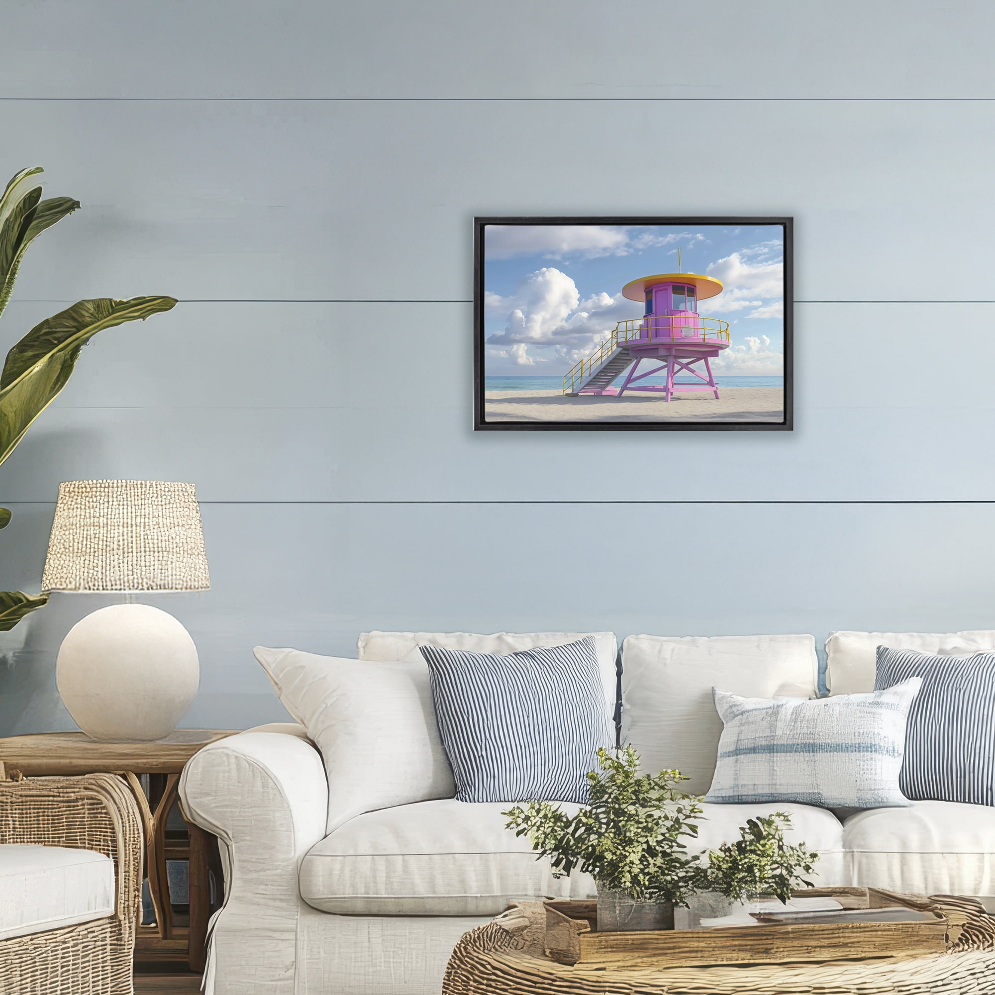 Stupell Industries Miami Beach Tower in Pink Black Framed Floater Canvas Wall Art, design by Creative Studio