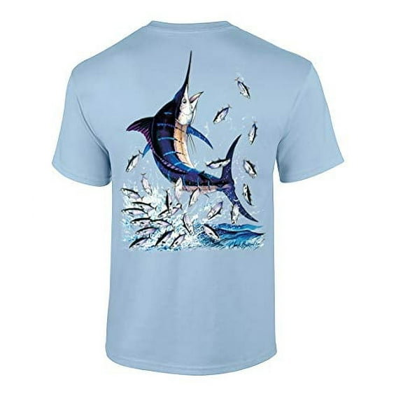 Fishing Blue Marlin Adult Short Sleeve T-Shirt-Light Blue-XXL
