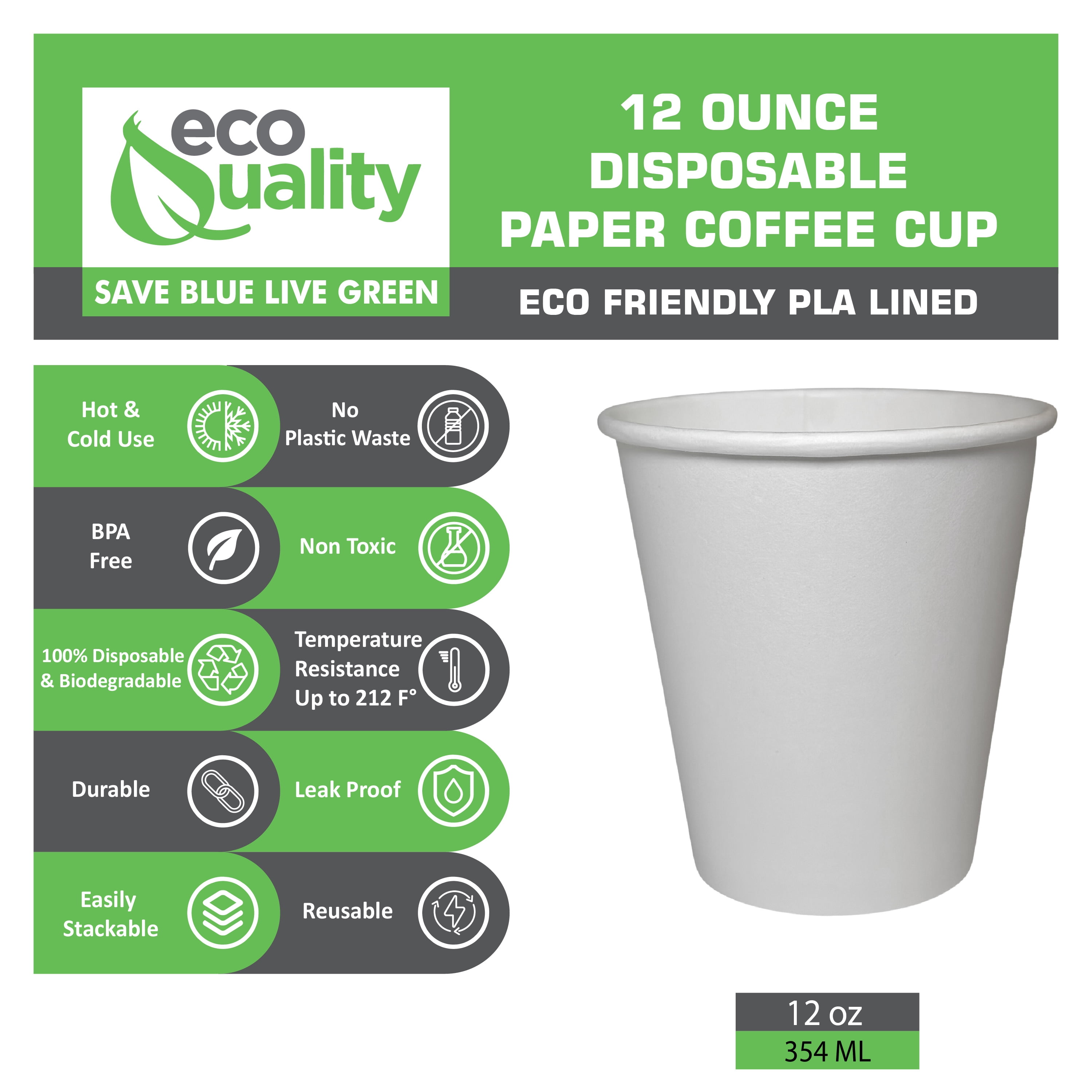 300 PACK] 12oz White Paper Coffee Cups - Disposable Coffee Cups