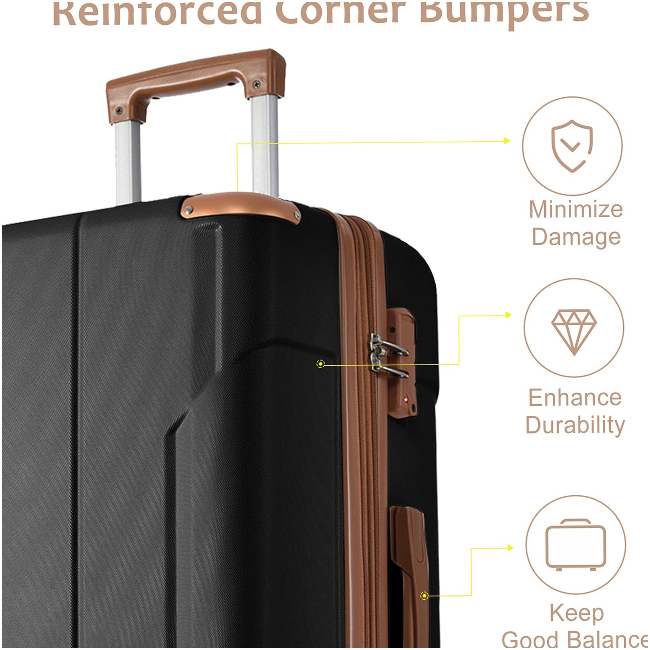 3 Piece ABS Hard Shell Luggage Set with Spinner Wheels and TSA Lock, Expandable Suitcases for Travel (Black Brown)