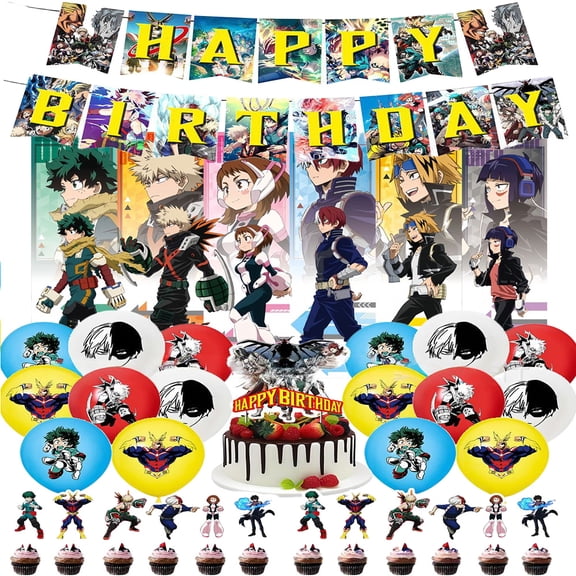 My Hero Academia Birthday Decoration - Anime Themed Party Supplies Set includes Cupcake Toppers, Cake Topper, Happy Birthday Banner, Balloons, Background