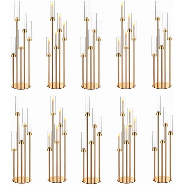Juego de 10 candelabros dorados de 35 pulgadas para mesas, centros de mesa para bodas, decoraciones de mesa, compatible con velas LED de 0.9 pulgadas