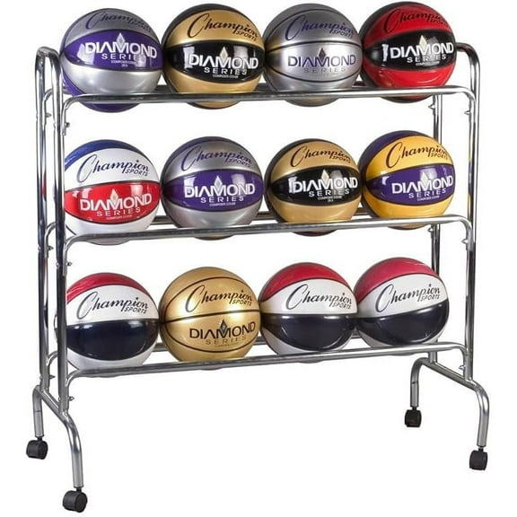 Champion Sports Three Tier Basketball Storage Cart Rack, 12 Ball Capacity (Silver)