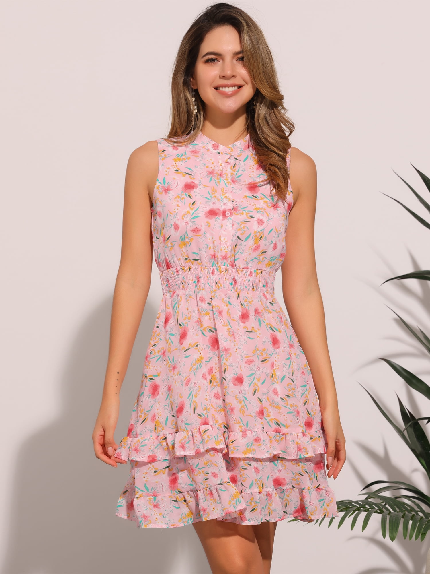 DARING DIVA Floral Chiffon Smocked Waist Ruffled Dress L Pink Flower