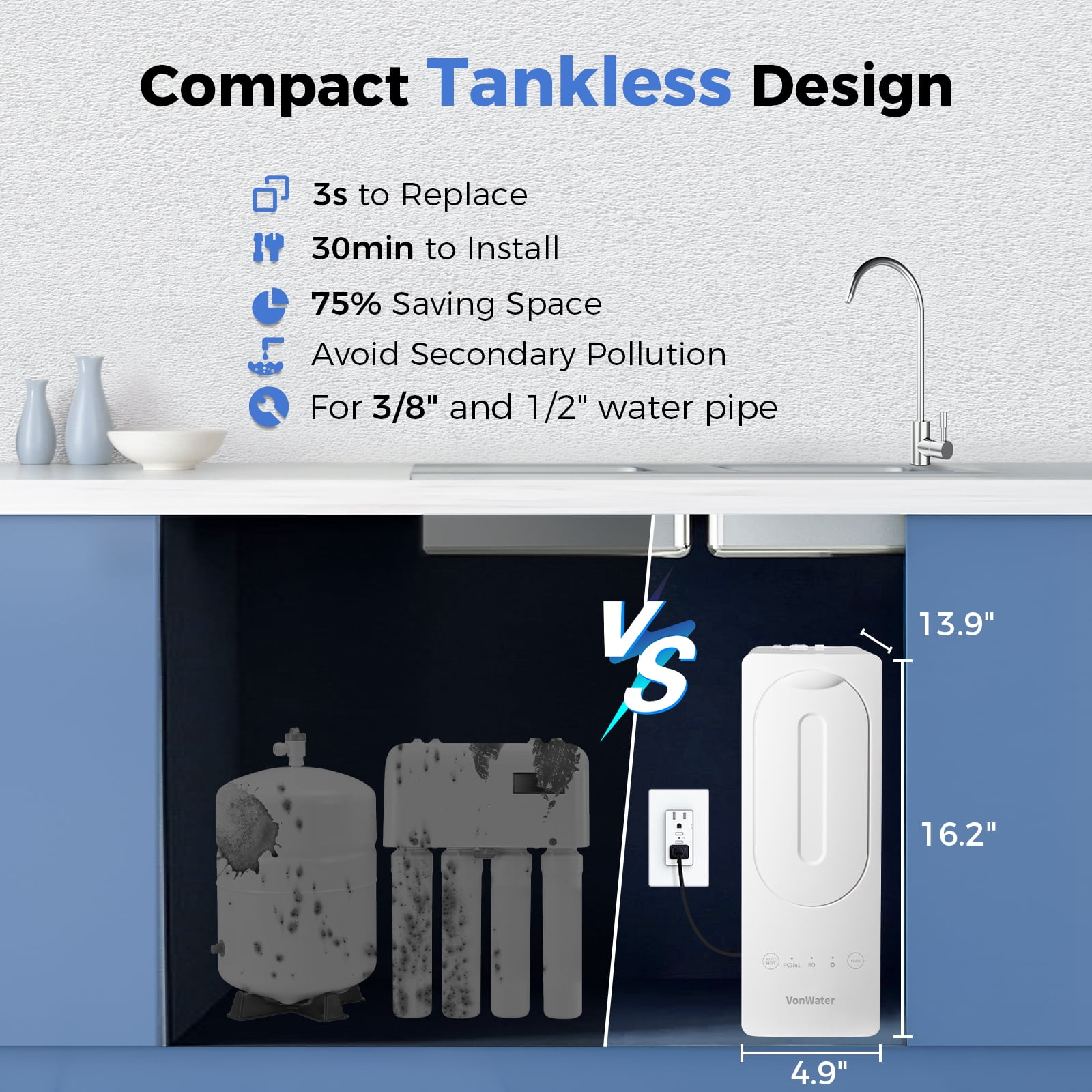 VonWater 600GPD Tankless Reverse Osmosis Water Filter System, 2:1 Pure to Drain Under Sink RO Water Filtration System