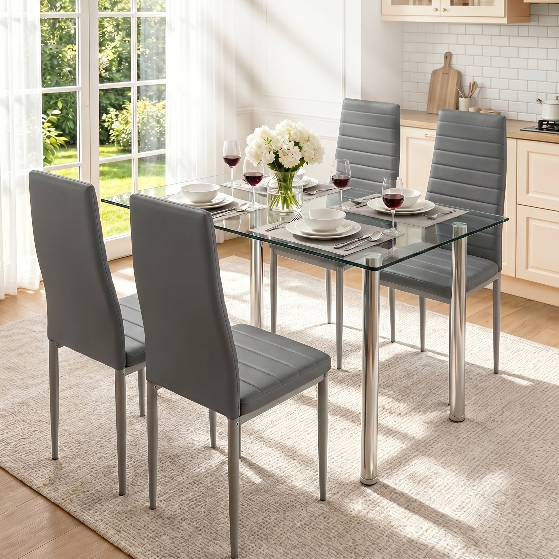 UHOMEPRO Gray Kitchen Table Set, 5 Pieces Dining Table Set, Tempered Glass Dining Table and Chairs Set for 4, Upgraded Iron Dining Room Table Set with 4 PU Leather Chairs