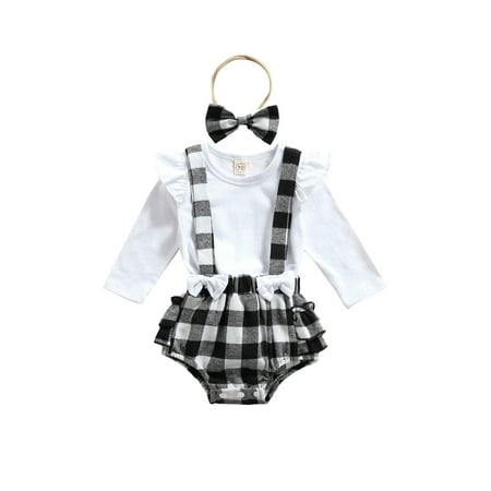 

Qtinghua Newborn Baby Girl Plaids Outfits Long Sleeve T-Shirt Top Suspender Shorts 3Pcs Clothes with Headband Black 6-12 Months