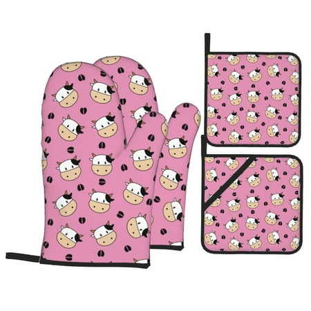 

Oven Mitts and Pot Holders Sets 4 pcs - Cartoon Cute Cow Head Pink Heat Resistant Silicone Oven Gloves with Non-Slip Silicone Surface and hot pads for kitchen Baking Cooking BBQ