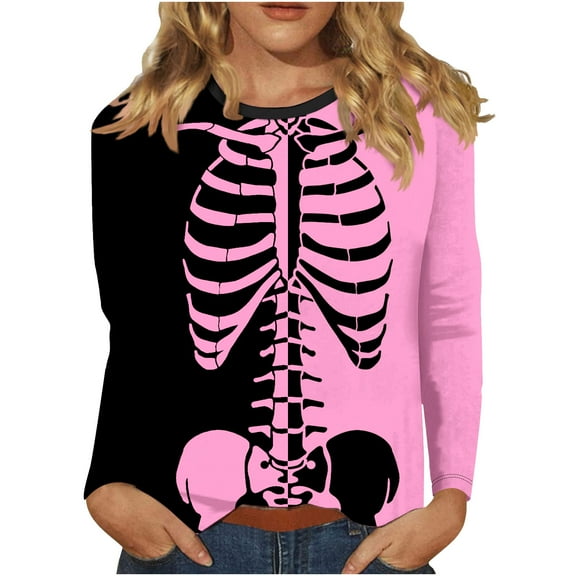 LYEAA Halloween Funny Graphic Tees for Women Long Sleeve Plus Size Crew Neck Regular Straight Cuff Casual Wear Skull Holiday Clothes Pink L