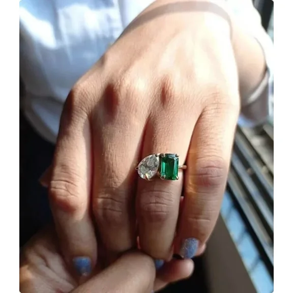 Pear & Emerald Cut Moissanite Toi Et Moi Engagement Ring 14K Yellow Gold Plated