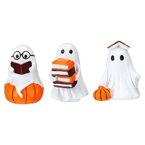 Ghost Decor Halloween Figurines 3Pcs Cute Reading Book Ghost Resin Statues Adorable Desk Shelf Mantel Centerpiece Ornaments for Home Tabletop Fall Party Display Supplies