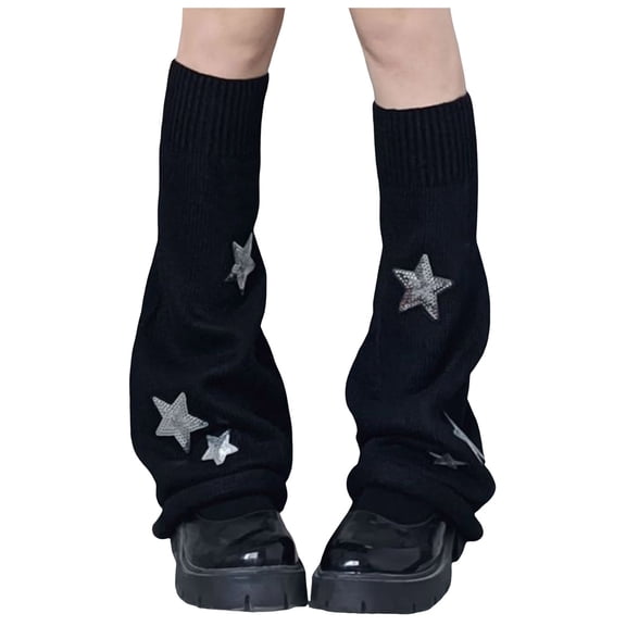 Yuanlong Womens Leg Warmers Black Silver Star Design Stirrup Socks Y2K Stylish Streetwear Daily Slouchy Leg Covers Socks