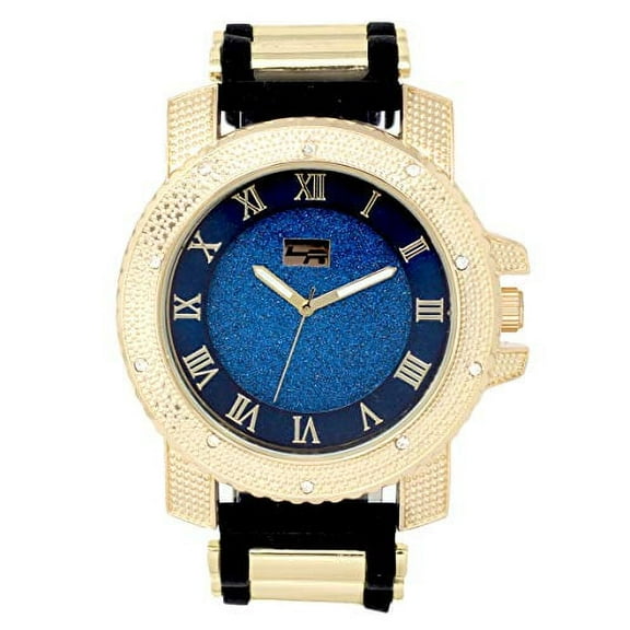 Charles Raymond Iced Out Oversized Hip Hop Bullet Rubber Band Mens Blinged Out Wristwatch, That Shows Your Lust for Life - GJM (GJM Glitter - Blue - Gold - Black)