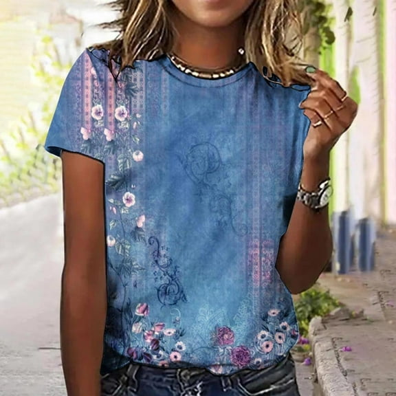 Summer Tops for Women UK 2025 Casual Print Short Sleeve Tops Crew Neck Blouse and Shirts Loose Fit Women T Shirts