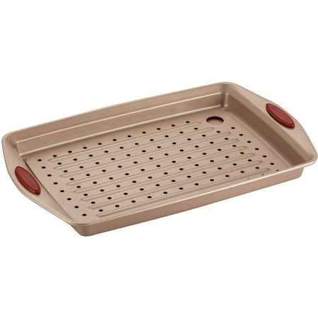 Rachael Ray Cucina Nonstick Bakeware 2-Piece Crisper Pan Set, Latte Brown with Cranberry Red Handle Grips