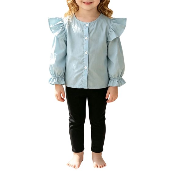 AUDeals Toddler Girl Clothes Girls Fall Outfits Kids Clothing Winter Long Sleeves Ruffle Hems Top Pant Set, 2 Piece Casual Outfit Set (Blue, 3-4 Years)
