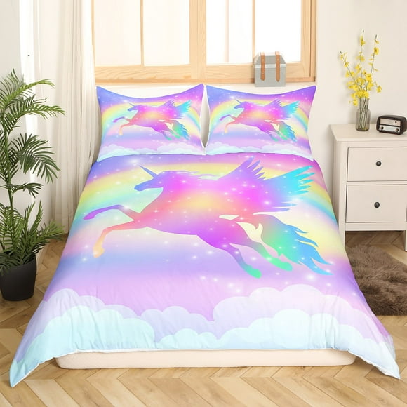 Purple Galaxy Comforter Cover Kids Boys Girls 3 Piece Rainbow Unicorn Duvet Cover Colorful Tie Dye Bedding Sets Full Sparkly Glowing Glitter Stars Bedding,Dreaming Cartoon Style Child Bedroom Decor