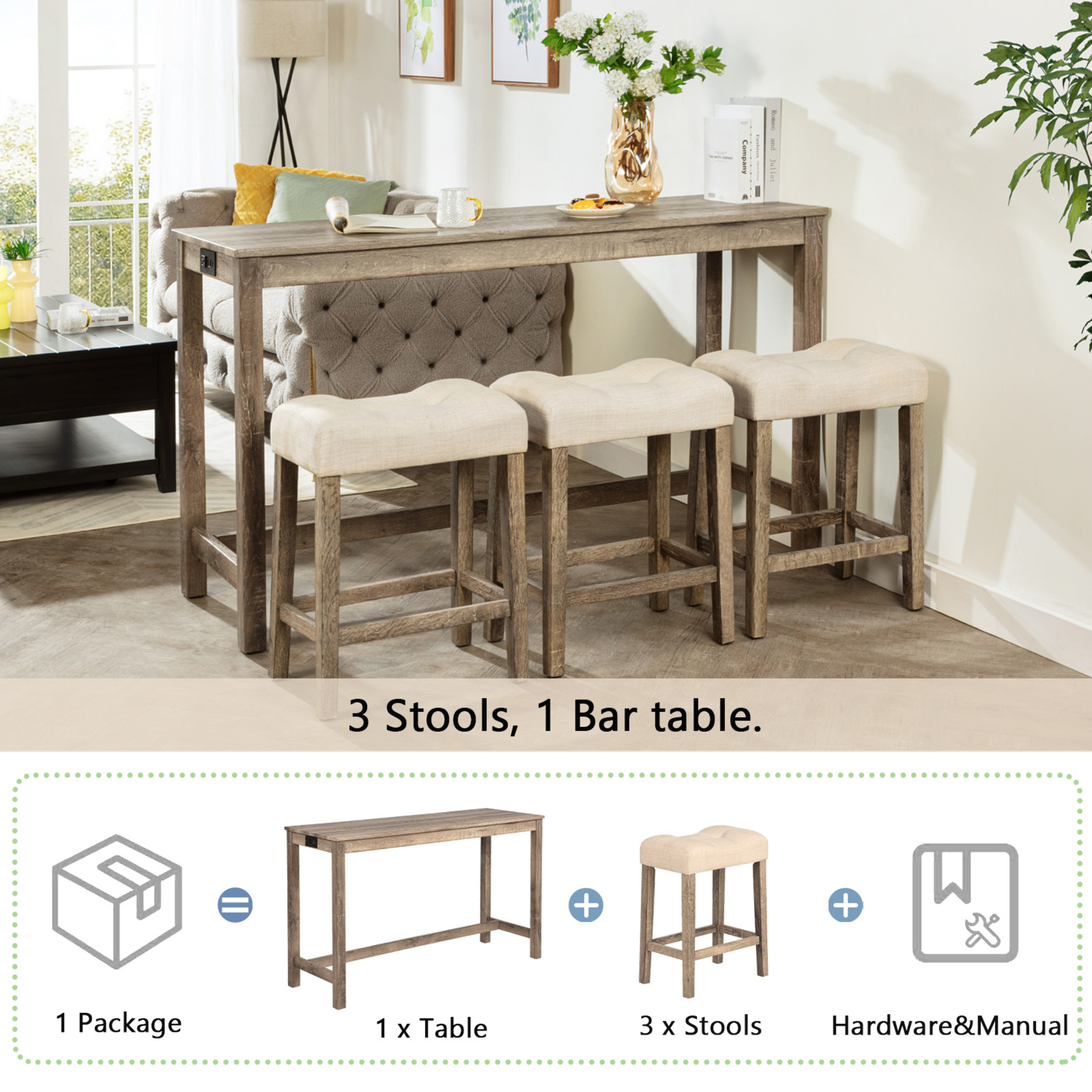 Noble House 35.5"H Dining Bar Table Set with Power Outlet, Upholstered Counter Stools for 3, Rustic Brown Finish