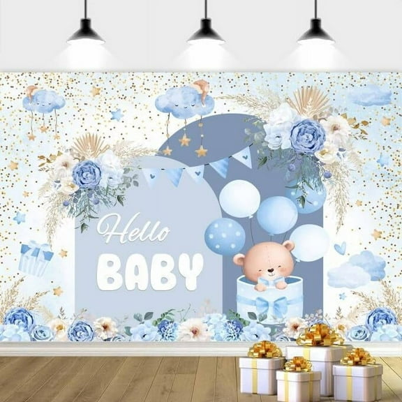 7X5ft Blue Baby Shower Backdrop Cute Blue Boho Floral Baby Shower Backdrop, Boy's or Girl's Baby Shower Party Backdrop Decor Cartoon Baby Shower Birthday Party Background Photo Booth Props