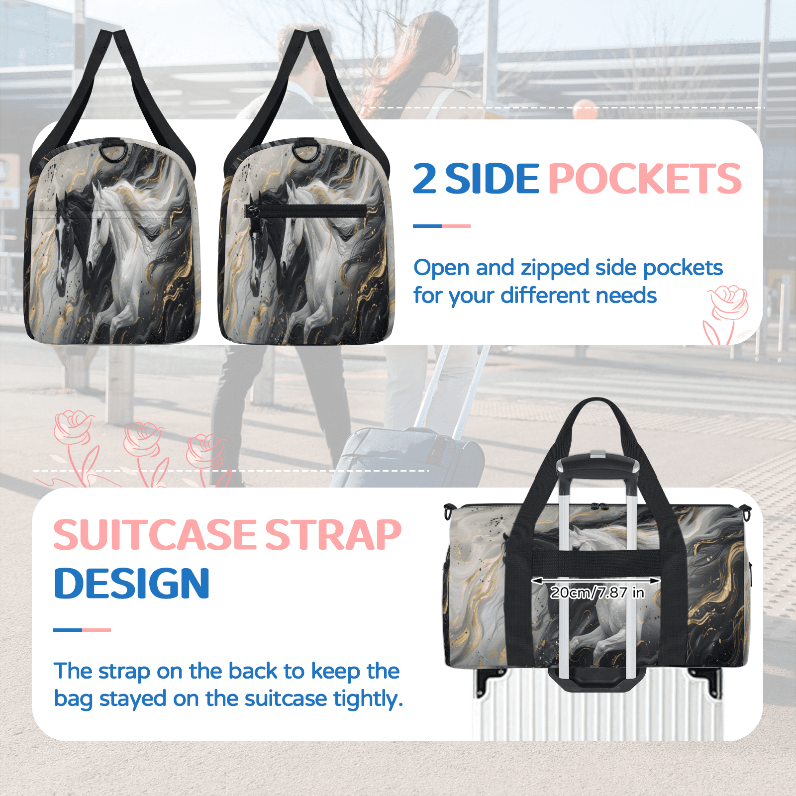 Herdesigns Horse Travel Duffle Bag Sports Yoga Weekender Overnight Carry on Workout Bags Lightweight Waterproof Gym Tote Bag for Women Marble