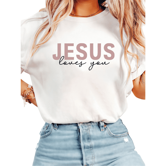 White Jesus Loves You Print Tshirt Graphic Tees Shirts Christian Devotion Religious Faith Inspirational Message Daily Casual Wear Church Visit Tops S-5XL