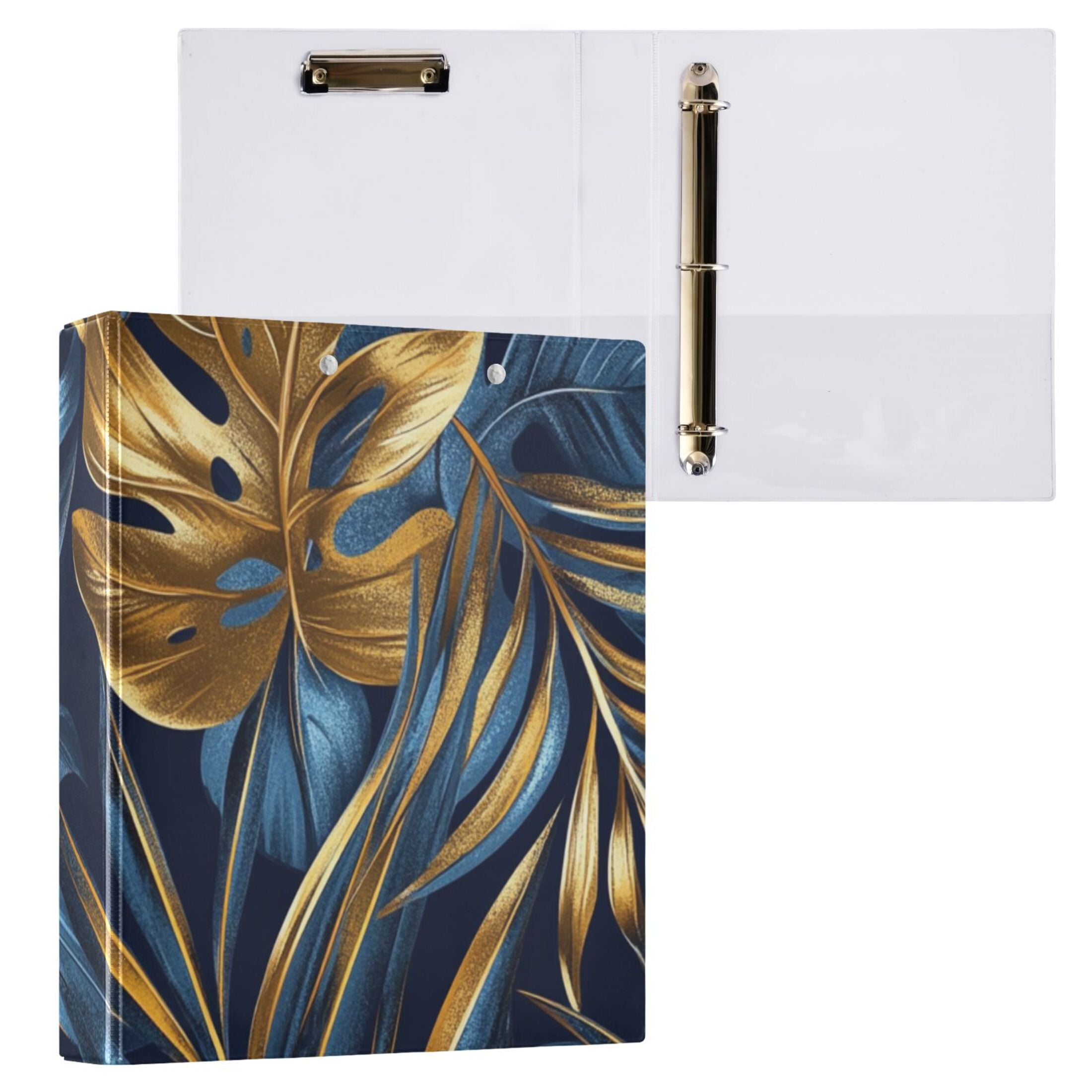 Blue and Gold Leaves 3 Ring Binders 1.5 inch Hardcover File Folders with Interior Pockets A4 Size Organizer for School Office Hospital