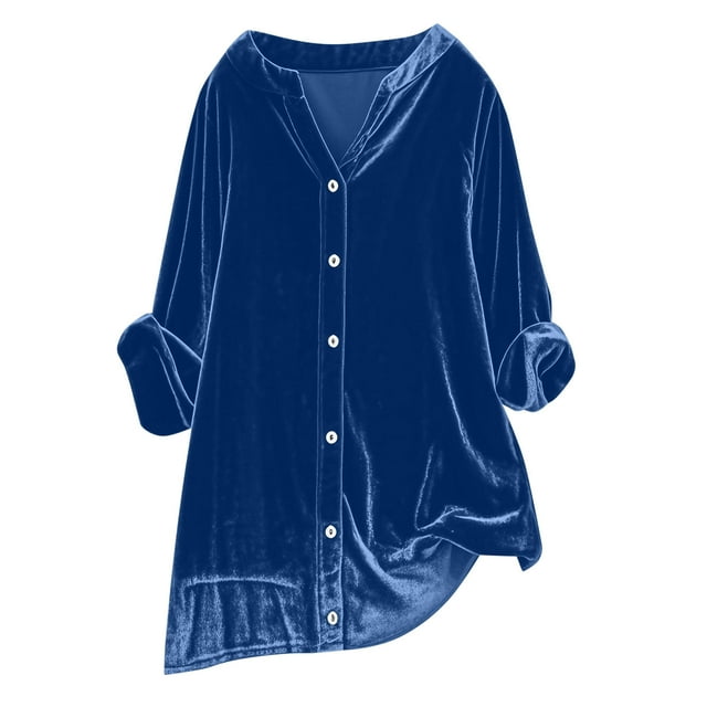 Dvprdro Womens Plus Size Button Down Velvet Shirts Solid V-Neck Long Sleeve Loose Tunic Blouse