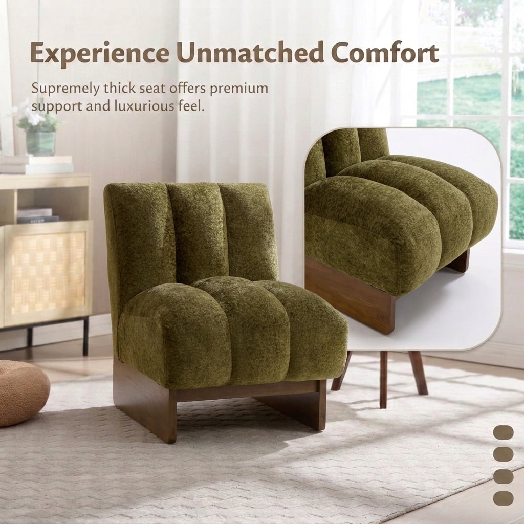MOONMISS Modern Chenille Fabric Armchair with Wood Legs, Comfy Upholstered Reading Accent Chairs for Living Room,Green