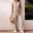 thumbnail image 6 of Women's Summer Two Piece Outfit Linen Cotton Sleeveless V Neck Button Down Vest High Waist Wide Leg Pants Set Office Lady Suit - Casual Summer Business Suits Tracksuit 2026 Beige XL, 6 of 6