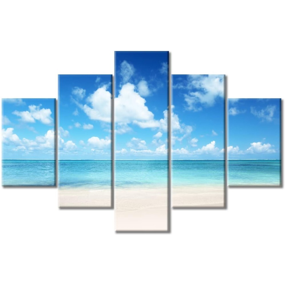TISHIRON 5PCS Framed Beach Theme Canvas Wall Art Set,60"x32" Blue