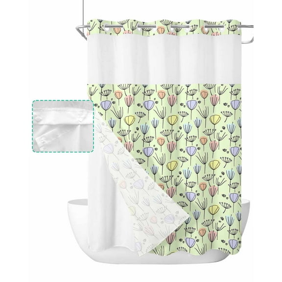 No Hook Shower Curtain with Snap in Liner, Flower Plants Dandelion Tuilp Pattern Hotel Shower Curtains for Bathroom, Washable Shower Curtain Liner Set with Mesh Top Window, 48"x72"