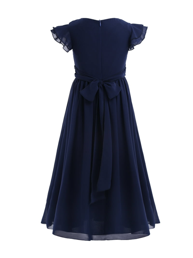 DPOIS Flower Girls Ruched Chiffon Weeding Bridesmaid Dresses Flutter  Sleeves Pageant Prom Long Dress Navy Blue 6 - Walmart.com