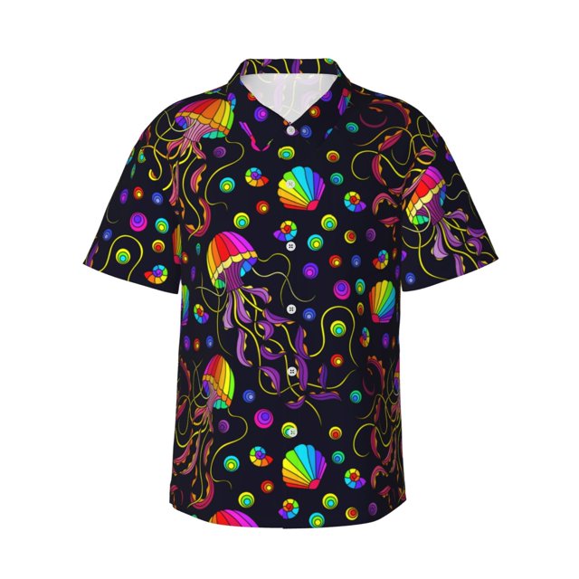 Balery Rainbow Jellyfishes Camisas hawaianas de manga corta para hombre, camisas playeras de corte holgado, camisas de vacaciones con botones,Small