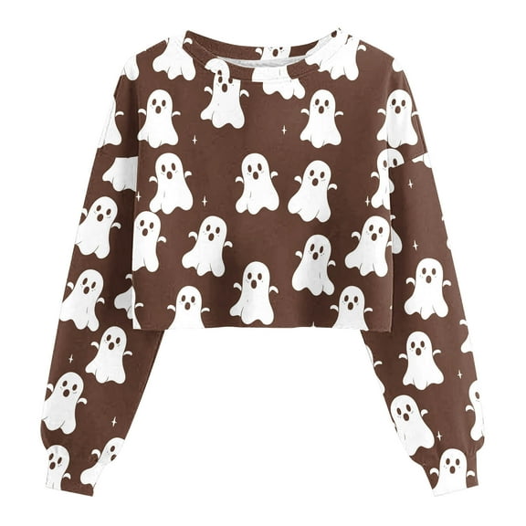 Moxiu Funny Halloween Sweatshirts for Women Crop Sweatshirt 2025 Fall Halloween Lantern Long Sleeve Pullover Spooky Season Sweatshirt Brown,S