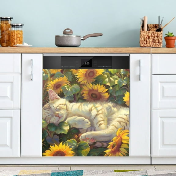 Cat Sleeping in Sunflowers Dishwasher Magnet Cover Magnetic Fridge Door Cover Home Kitchen Decor 23"x 26"