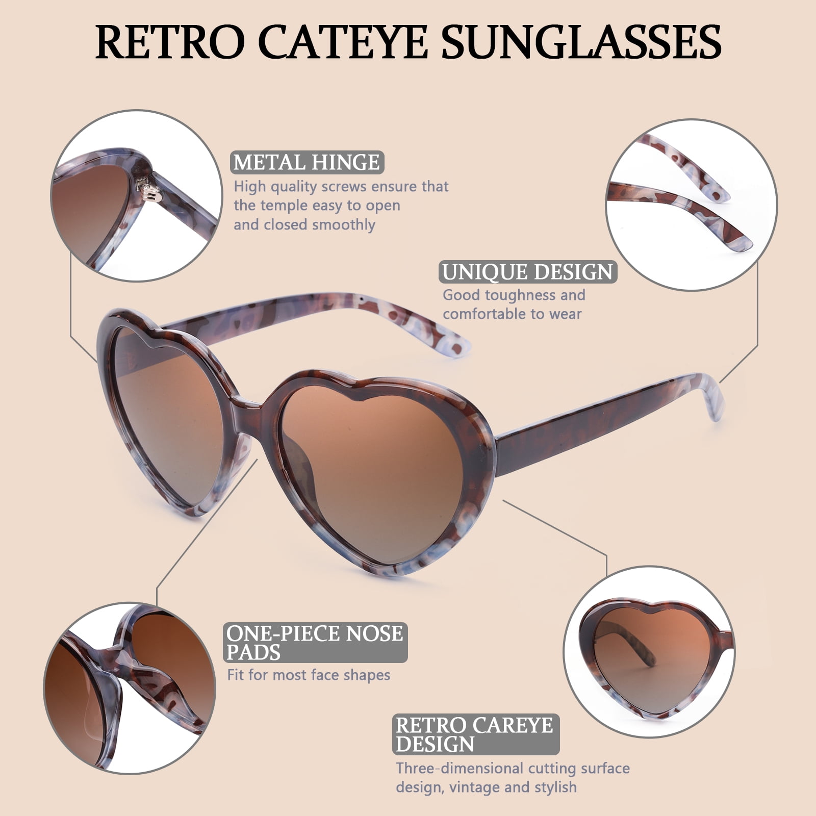 LVIOE Heart Sunglasses for Women, Polarized Heart Shaped Sunglasses with UV Protection Heart Style Retro Glasses for Shopping