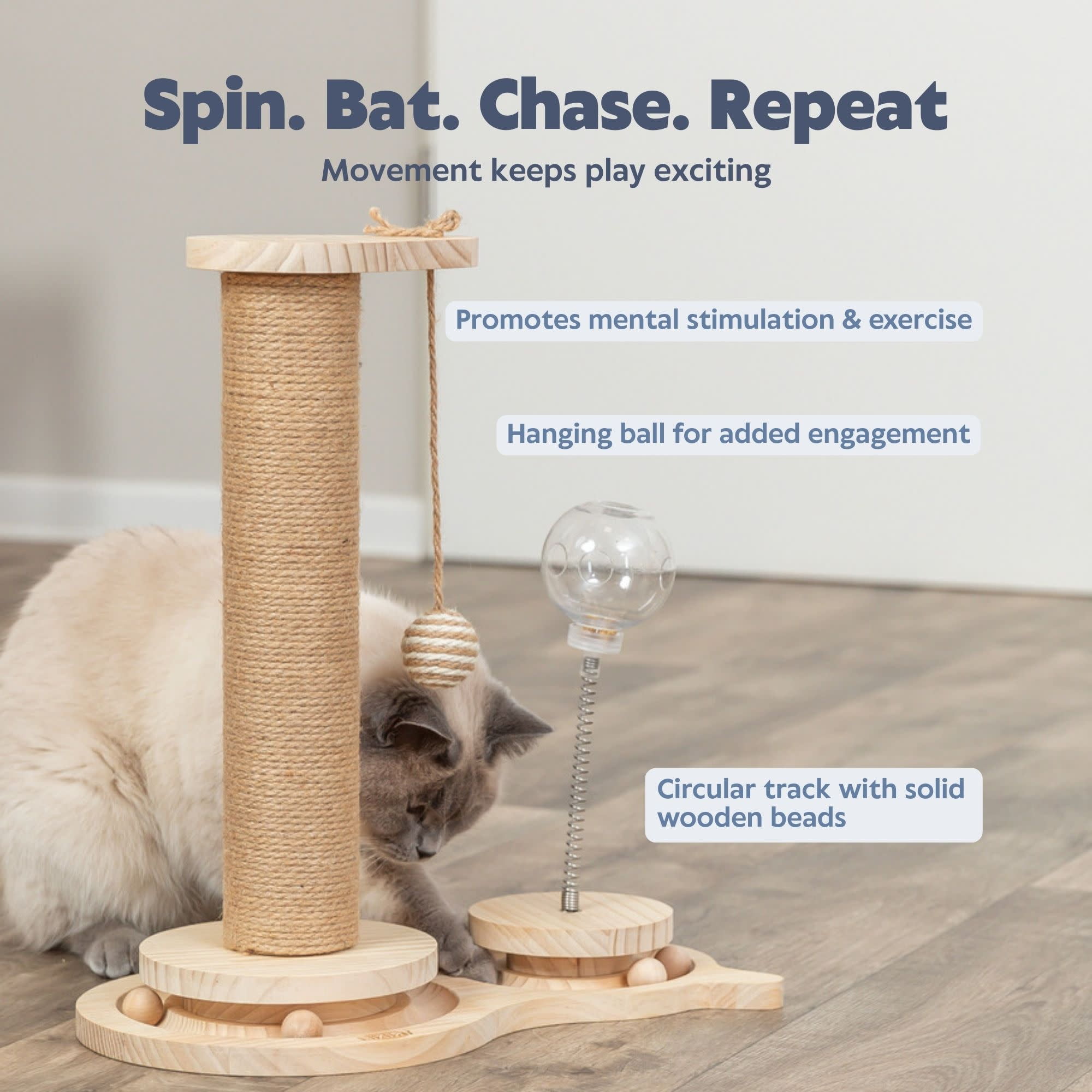 TRIXIE Oliver Interactive Cat Scratching Post w/ Treat Cup, Wooden Track & Hanging Ball