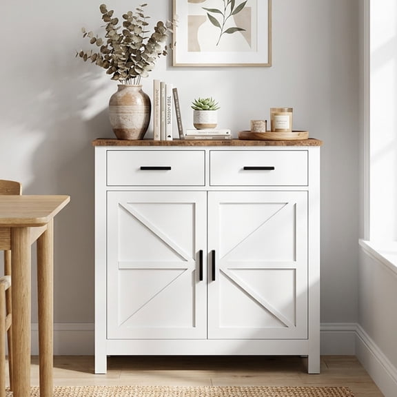 MORPAZX Kitchen Storage Cabinet, Modern Farmhouse Buffet with Drawers and Doors, White