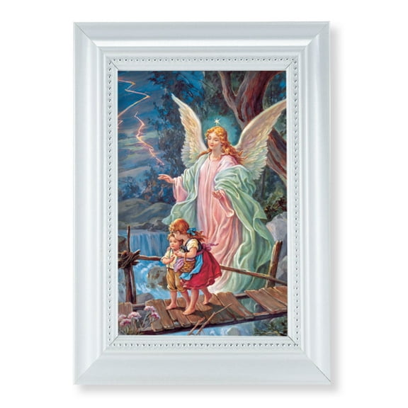 Guardian Angel Picture Framed Wall Art Decor Small, Pearlized Fluted White Frame with Beaded Lip