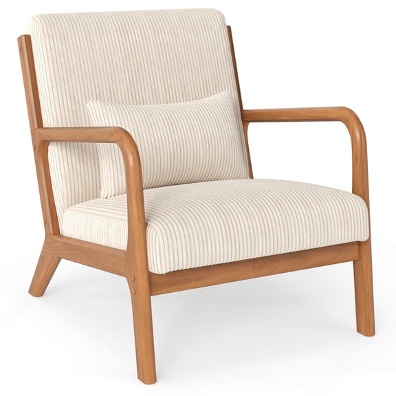Costway 1 PCS Modern Accent Chair, Corduroy Upholstered Lounge Chair with Rubber Wood Armrests Beige Brown
