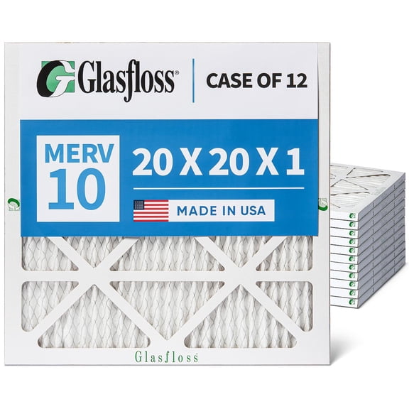 12 Pack of 20x20x1 MERV 10 Pleated Air Filters by Glasfloss. Actual Size: 19-1/2 x 19-1/2 x 7/8