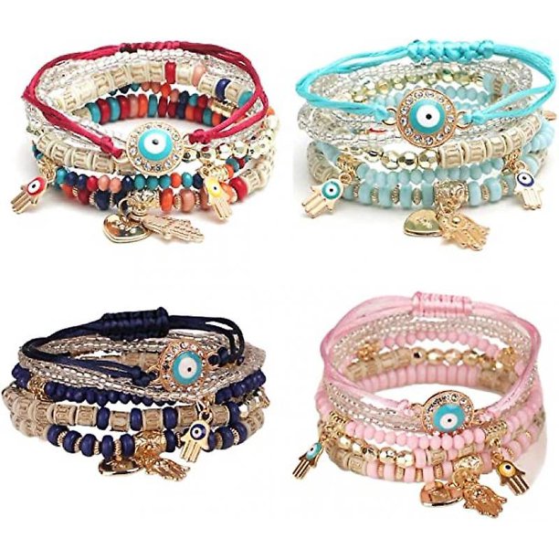 4 juegos de pulseras de cuentas elásticas bohemias, amuletos de mano de mal de ojo multicapa, apilables, hechos a mano, multicolor, con cuentas de cristal, pulseras de protección de la suerte, hebra Feliz Sencillez