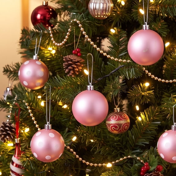 Christmas Ornaments, Christmas Tree Decorations, Pink Black Polka Dot Baubles, Matte Shatterproof Hanging Ornaments for Fashion Xmas Tree Decor