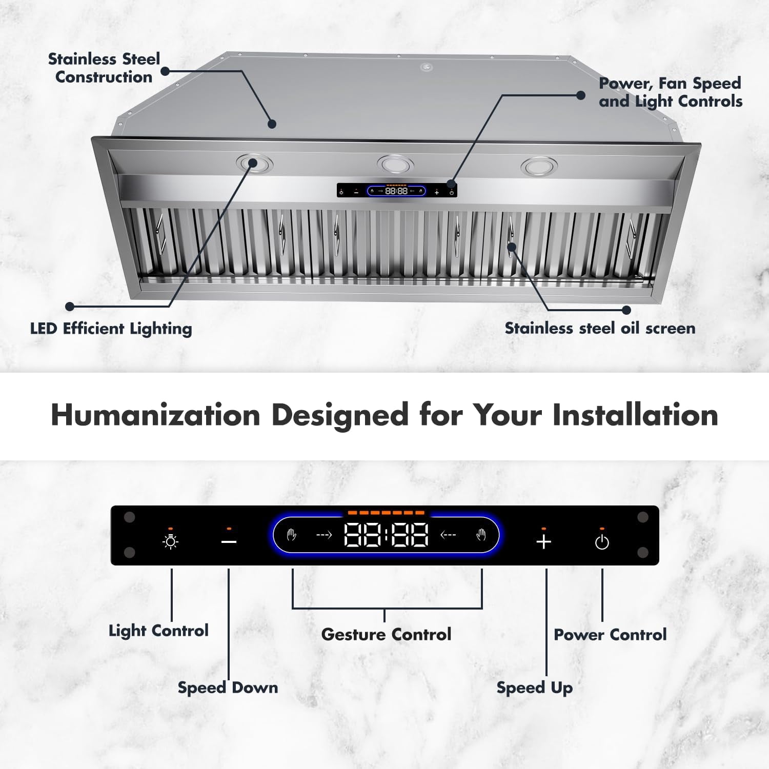 48 inch Built-in Range Hood Insert Vent, Dual Motors Stainless Steel Kitchen 1400 CFM Gesture Sensing & Touch Control, Ducted, Baffle Filters, 4 Speed Stove Exhaust Fan, ETL listed