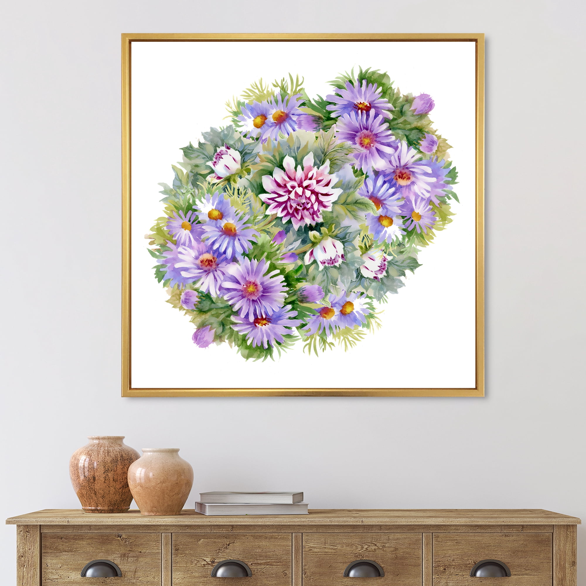 Bouquet With Daisies and Purple Chrysanthemums 36 in x 36 in Framed Painting Canvas Art Print, by Designart