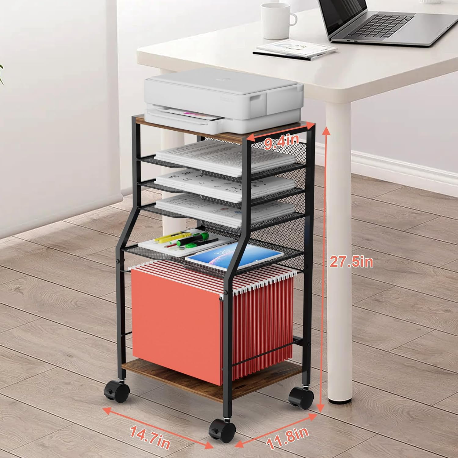 Rolling File Cart, 6 Tiers Under Desk Organizer on Wheels, Wood Planks and Mesh Cart with Hanging File Folders Rack and Paper Trays, Black