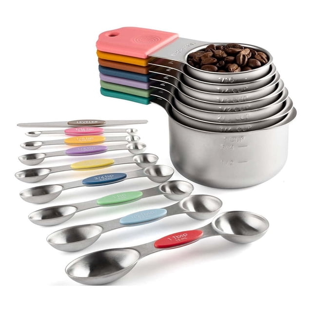 Juego de 16 tazas y cucharas medidoras magnéticas de acero inoxidable, 7 tazas resistentes, 8 cucharas de doble cara con nivelador, multicolor