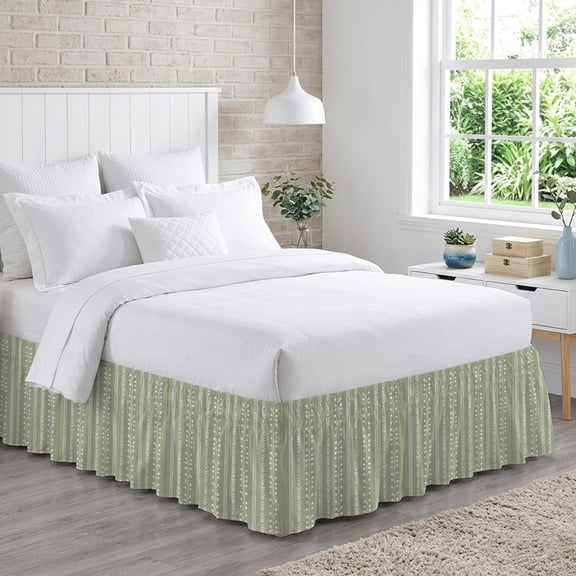 Sage Green Bed Skirt Queen Size 16 Inch Drop, Rustic Vertical Dashed Lines Shabby Chic Leaf Cottagecore Adjustable Elastic Dust Ruffles Bedskirt for Queen Bed Wrap Around Pleated Mattress Frame Cover
